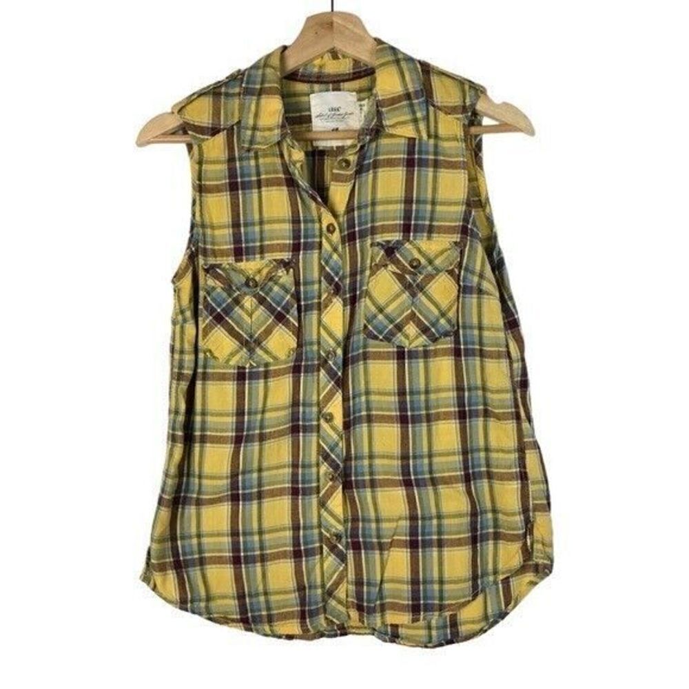 H&M LOGG Yellow & Purple Plaid Sleeveless Button Down 6